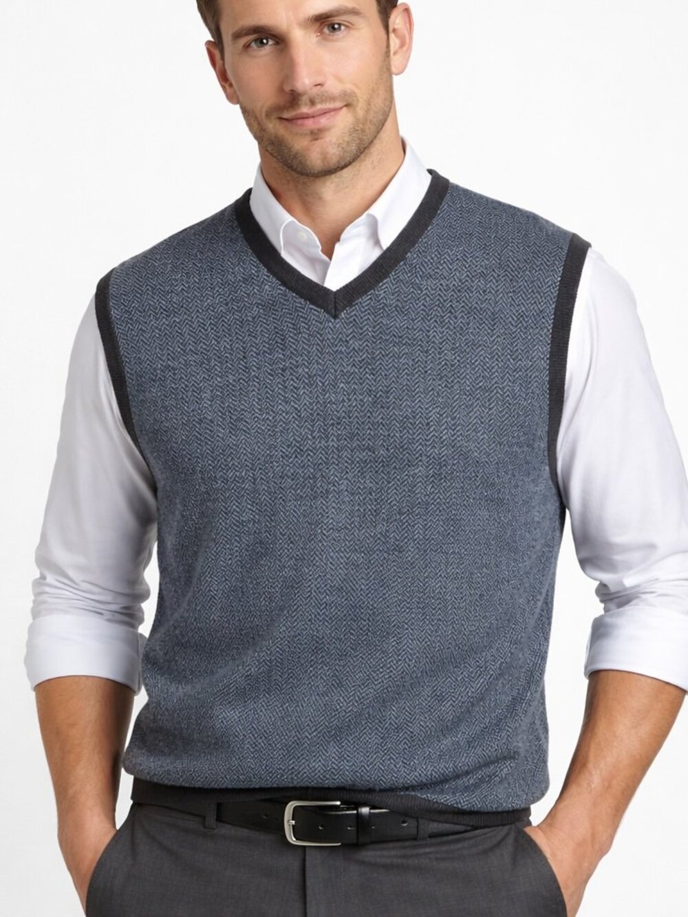 J Alford Herringbone Sweater Vest XL 100% Merino Wool V Neck Classic Gray Blue